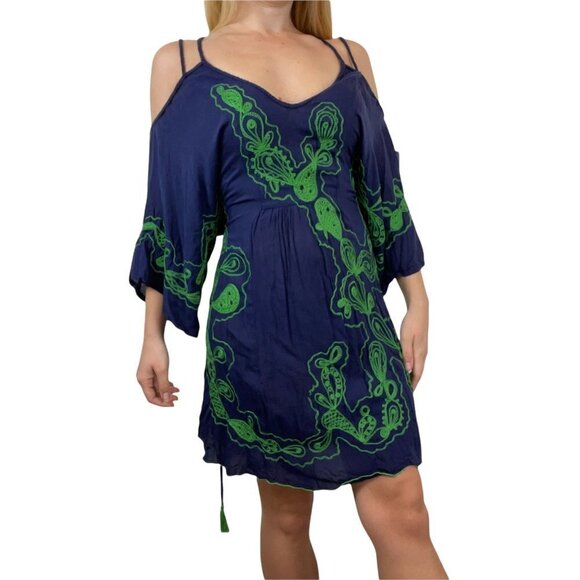 Poupette St Barth Blue Embroidered Mini Dress Cold Shoulder Size 2 - Picture 1 of 12